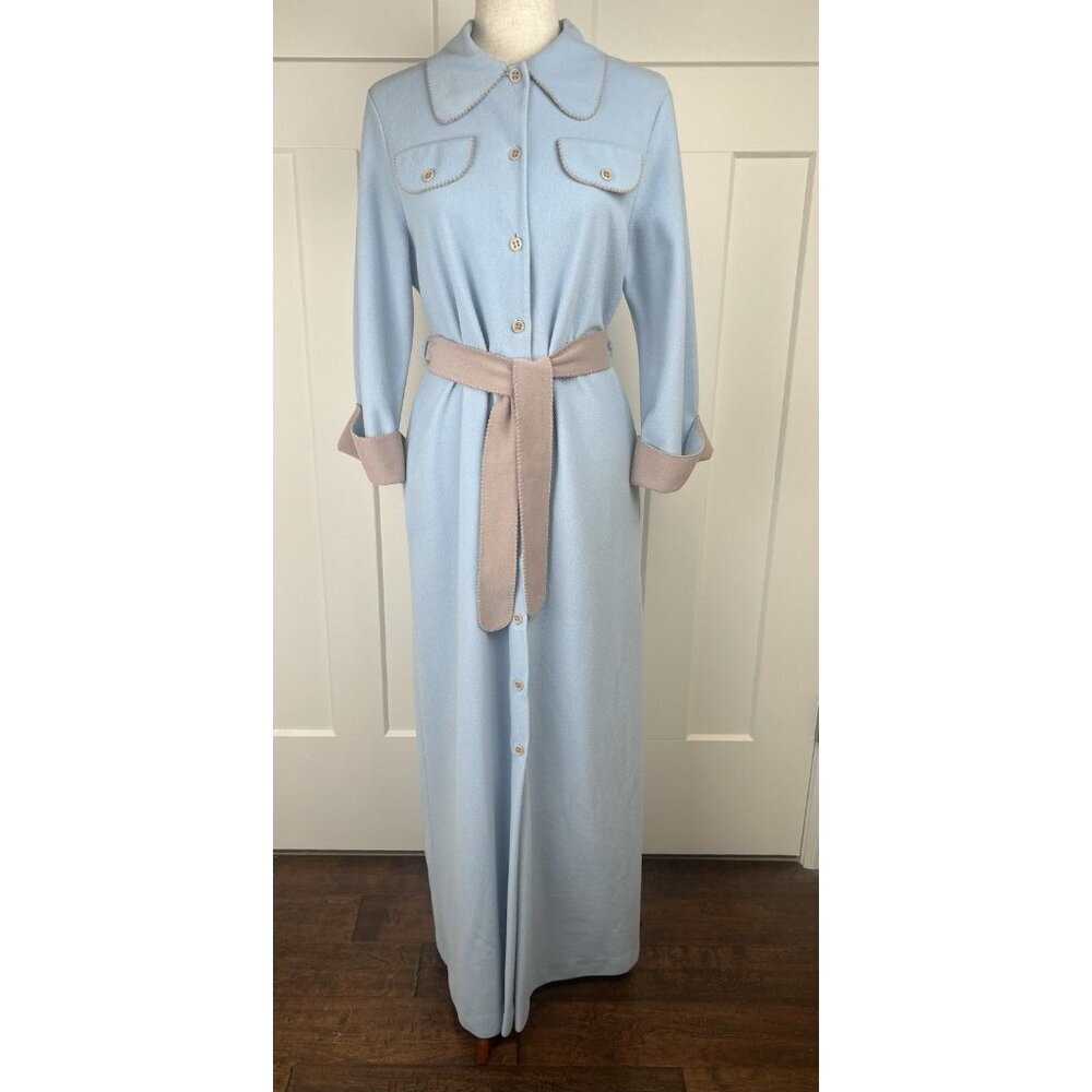 Vintage MCM Retro Vassarette Housecoat Robe Soft Blue & Taupe Pockets Size Med